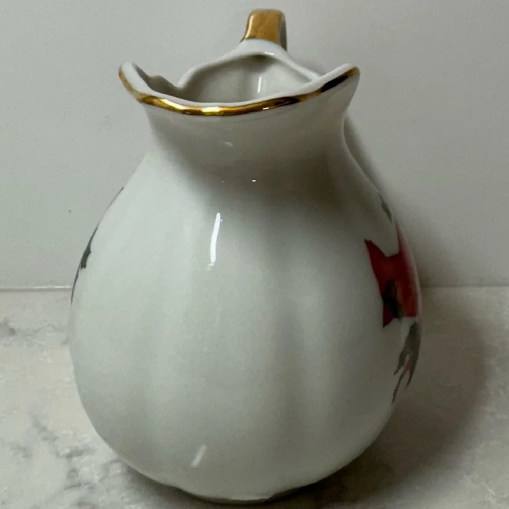 Vintage Lefton White and Gold Porcelain Creamer with Cardinal Christmas